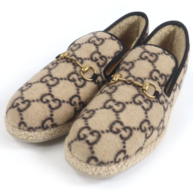 Gucci Mouton GG Logo Allover Horsebit Mouton Lining Slip-on Espadrilles Beige