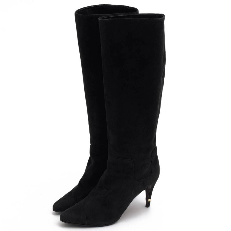 Chanel Long Boots Shoes Women Suede Leather Black High Heel Sole