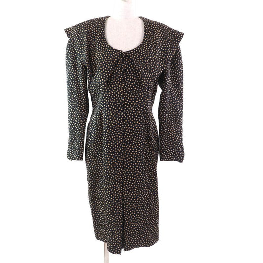 Christian DIOR Vintage Silk Blend All Over Big Collar Shirt Dress Black Beige