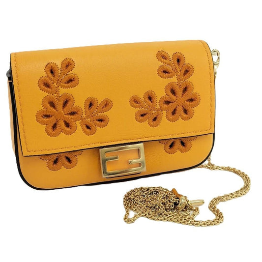 Fendi Chain Shoulder Bag Nano Baguette Charm Leather Orange