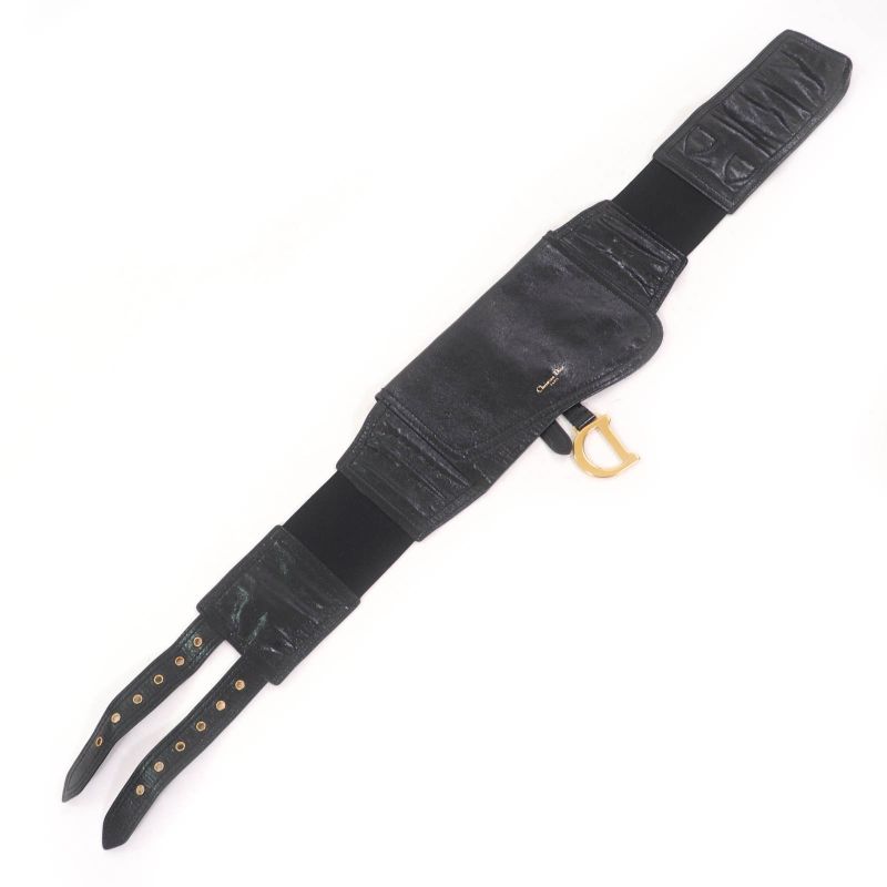 Christian DIOR B0049cnoh Leather Belt With Saddle Pouch Waist Bag Black Gold