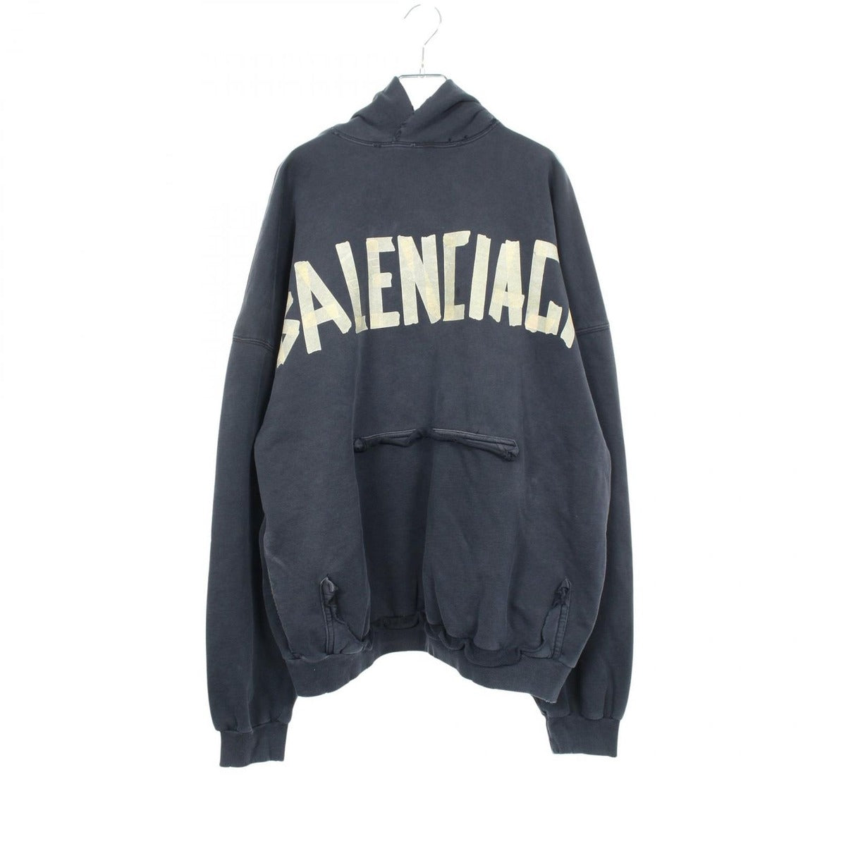 Balenciaga Hoodie Tape Type Ripped Pocket Distressed Cotton Black