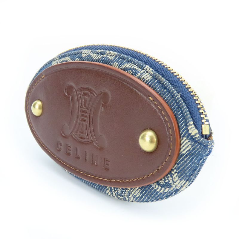 Celine Coin Case Macadam Denim Leather Blue Brown Gold Hardware Key Ring Small