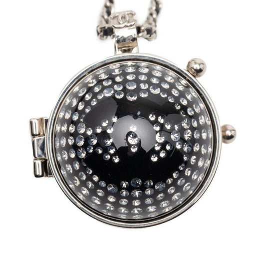 Chanel CC Logo Line Stone Mila Necklace Silver Black Metal Leather