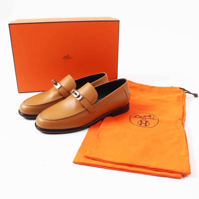 Hermes Destin Silver Hardware Kelly Buckle Leather Loafers Camel 36.5 With Box
