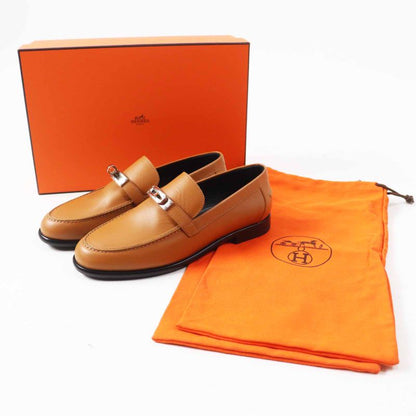 Hermes Destin Silver Hardware Kelly Buckle Leather Loafers Camel 36.5 With Box