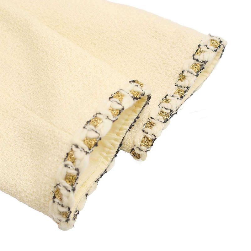 Chanel Coco Mark Button Fringe Stand Collar Tweed Jacket P41436v28444 Ivory 44