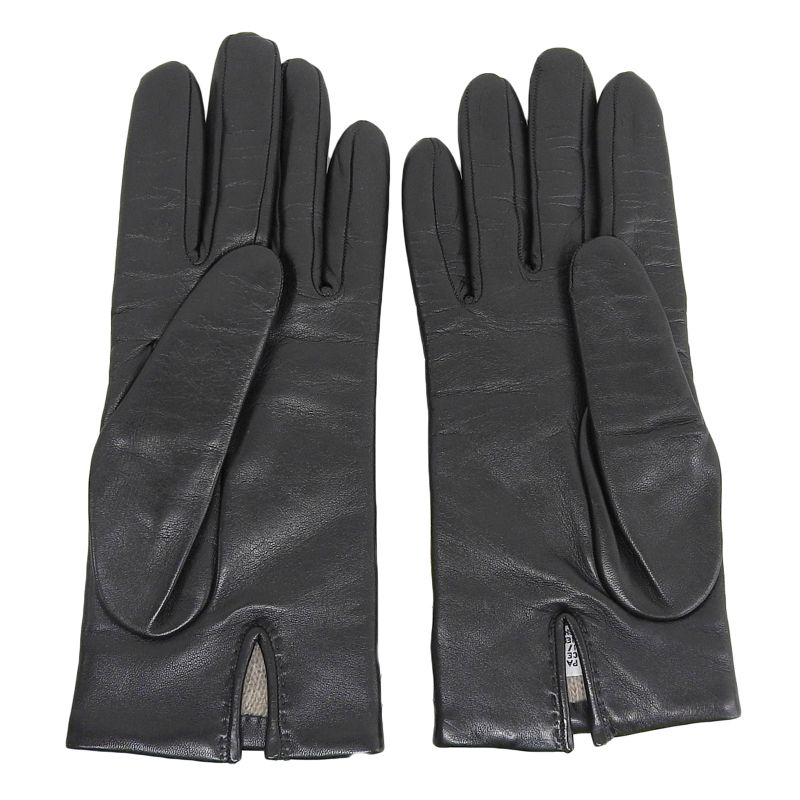Hermes Lambskin Sheepskin 100% Cashmere Lining H Logo Design Gloves Black 7.5