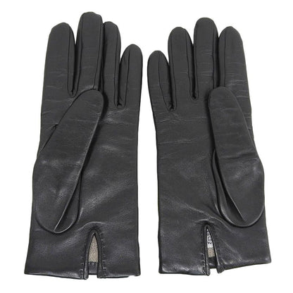 Hermes Lambskin Sheepskin 100% Cashmere Lining H Logo Design Gloves Black 7.5