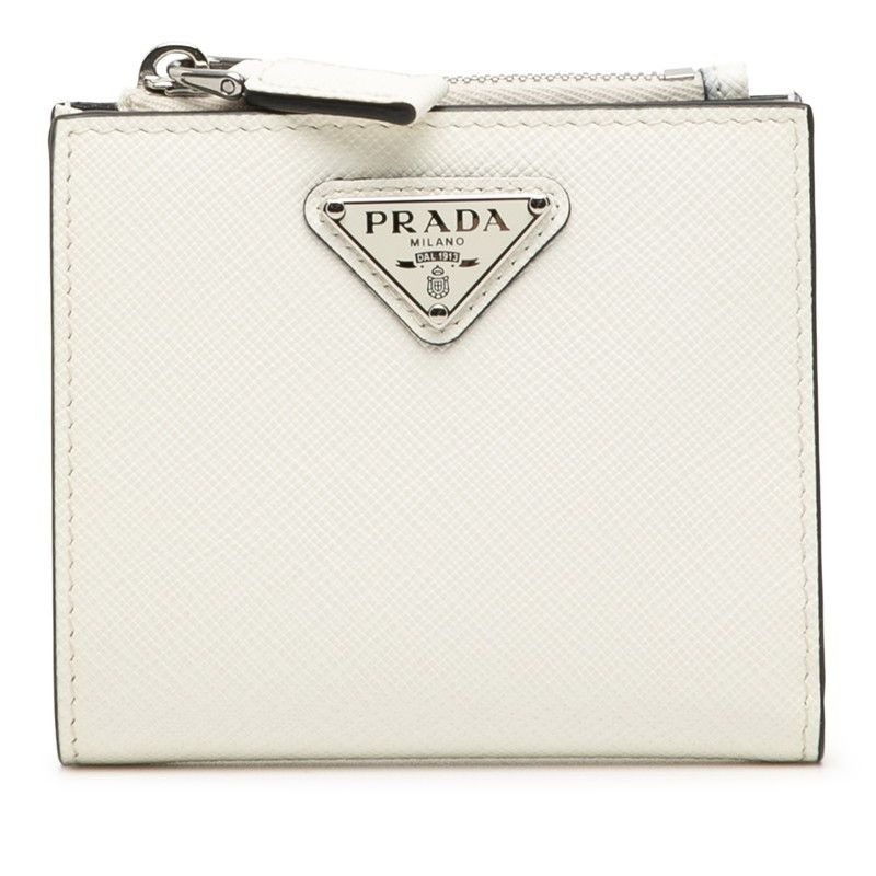 Prada Triangle Logo Bifold Wallet Compact White Saffiano Leather