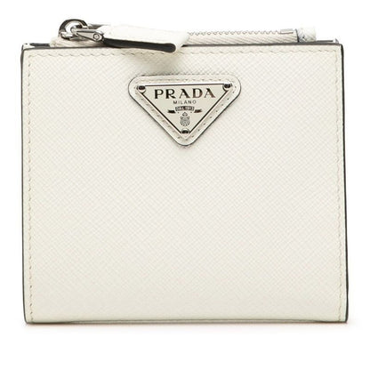 Prada Triangle Logo Bifold Wallet Compact White Saffiano Leather
