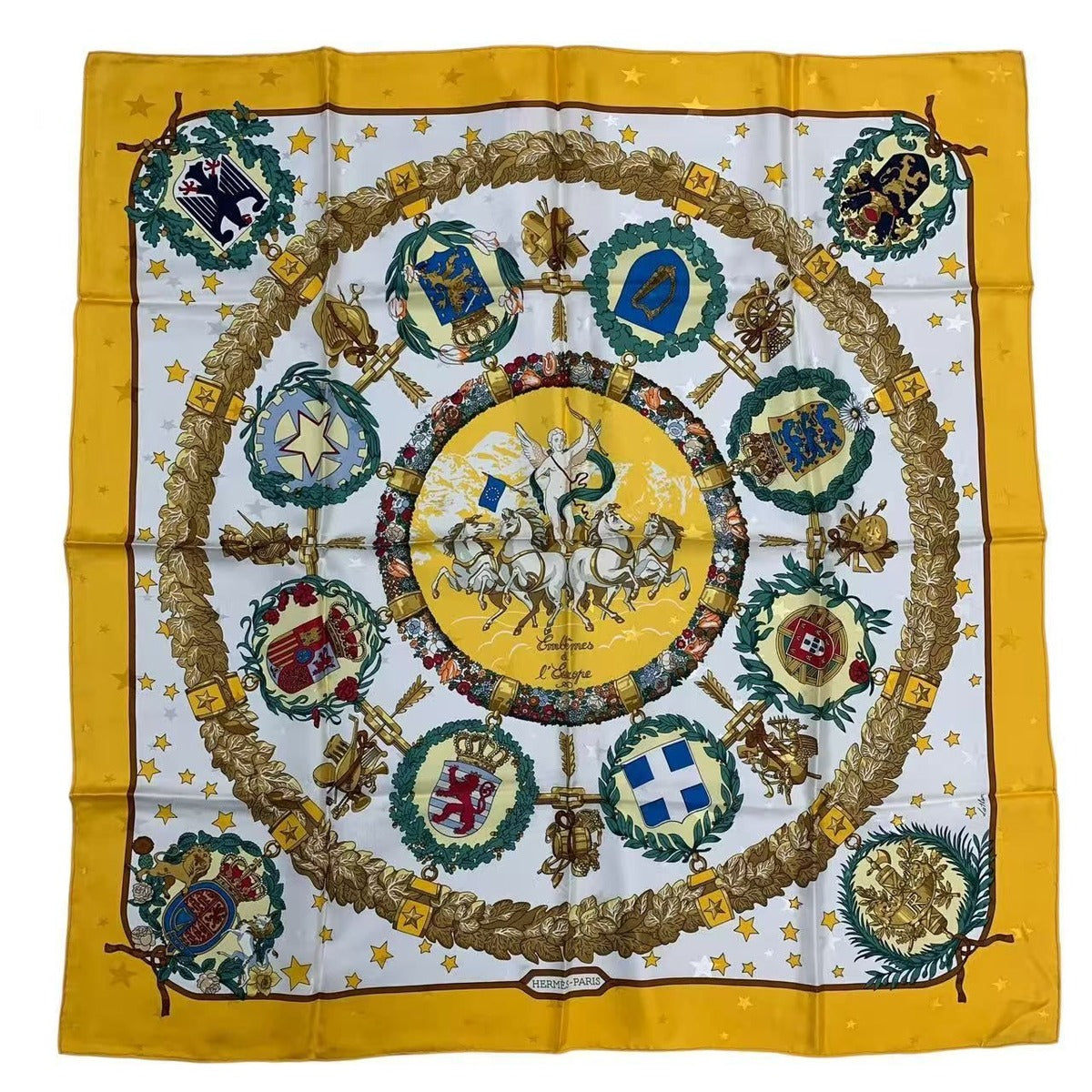 Hermes Carre 90 Scarf 100% Silk Emblemes de L'europe European Emblem Yellow