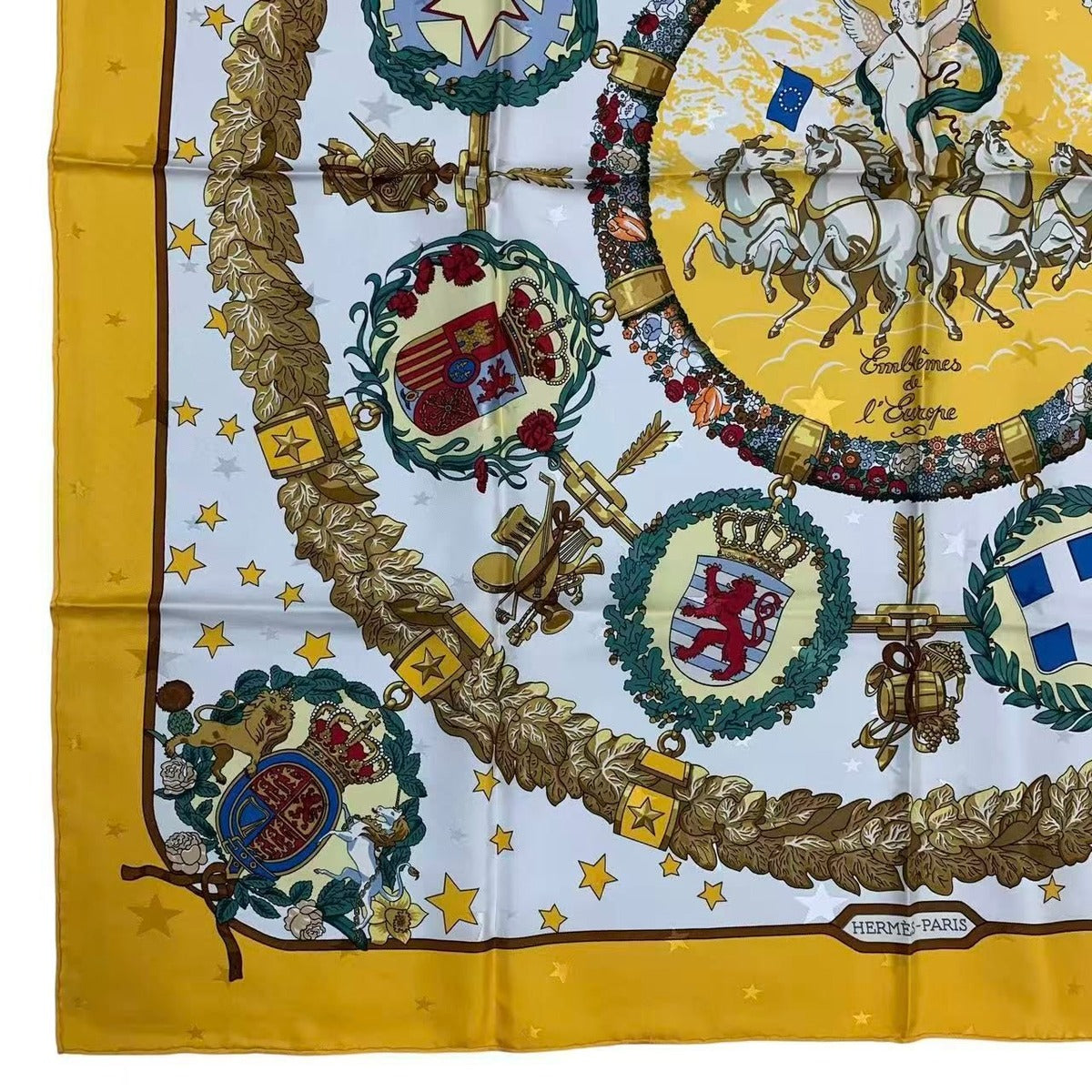 Hermes Carre 90 Scarf 100% Silk Emblemes de L'europe European Emblem Yellow — view 4