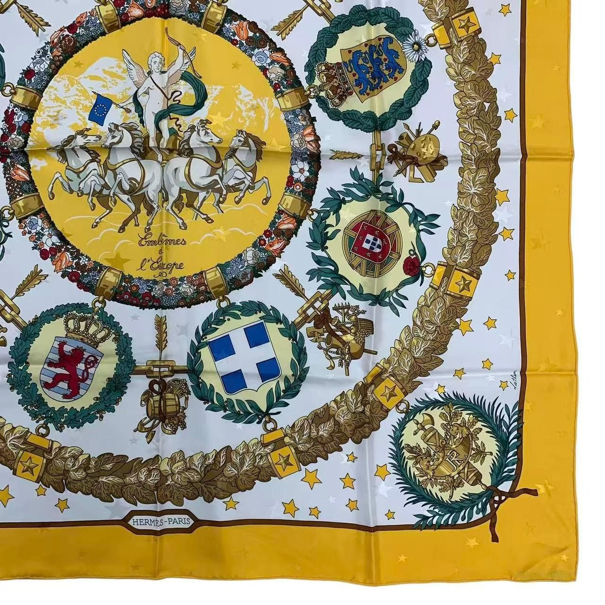 Hermes Carre 90 Scarf 100% Silk Emblemes de L'europe European Emblem Yellow — view 5