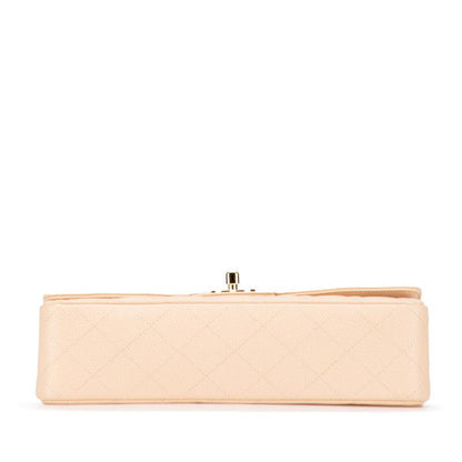 Chanel Matelasse 25 Coco Mark Double Flap Chain Shoulder Bag Beige Caviar Skin