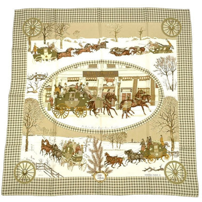 Hermes Scarf Carre 90 Lhiver EN Poste Winter Mail Coach 100% Silk Beige