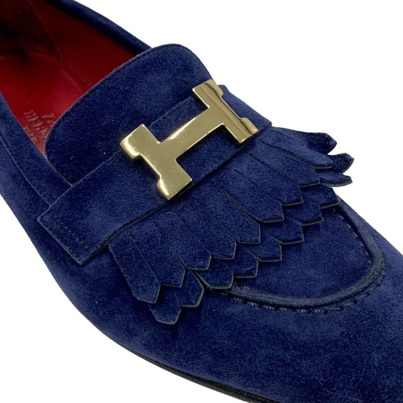 Hermes Royale Loafer Leather Shoes Suede Navy Gold Moccasin Flat Shoes Hhardware