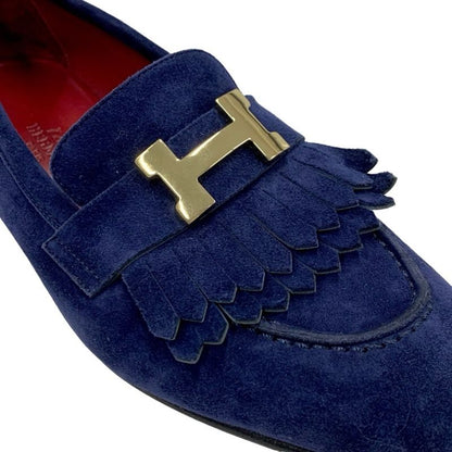 Hermes Royale Loafer Leather Shoes Suede Navy Gold Moccasin Flat Shoes Hhardware
