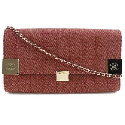 Chanel Chain Shoulder Chocobar Line Cotton Canvas Red Ladies Shoulder Bag
