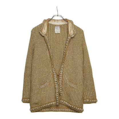 Chanel Coco Mark Knit Jacket Cardigan Size 42 Beige Green Polyester Wool Mohair