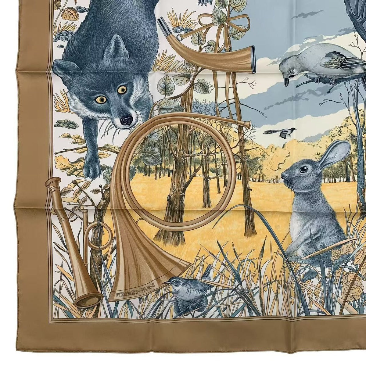 Hermes Scarf Silk Carre 90 Chasse Au Bois Forest Hunting Brown Box — view 5