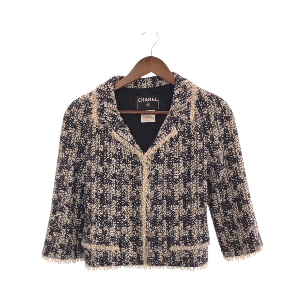 Chanel CC Logo 36 Navy White Tailored Jacket Tweed