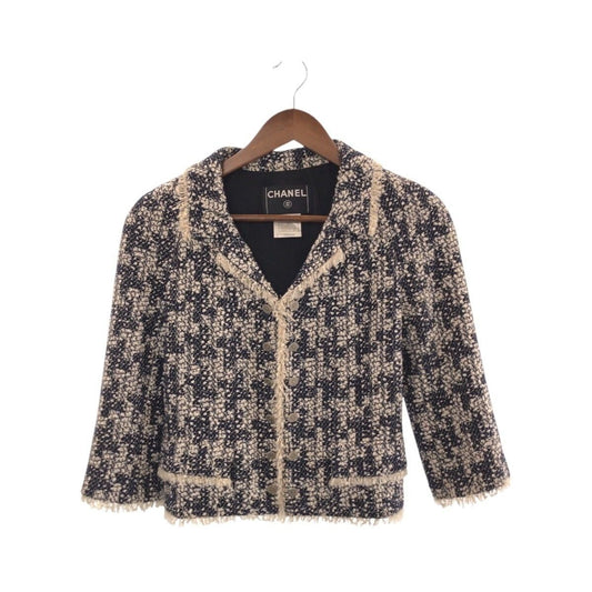 Chanel CC Logo 36 Navy White Tailored Jacket Tweed