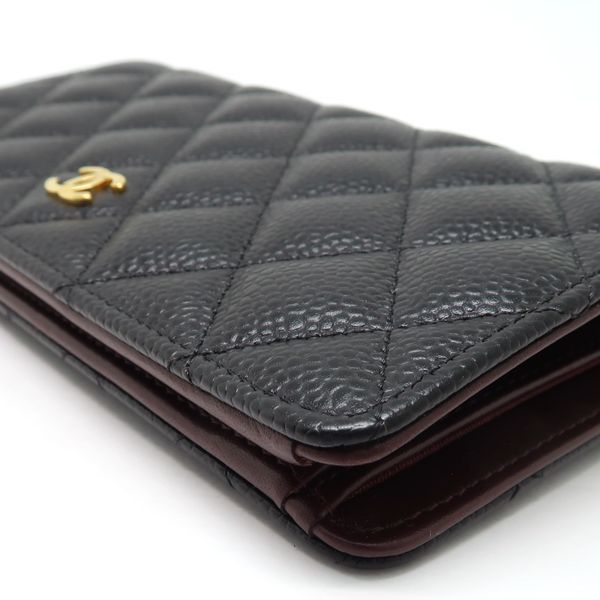 Chanel Bifold Long Wallet A31509 Caviar Skin Black Gold Hardware Coco Mark