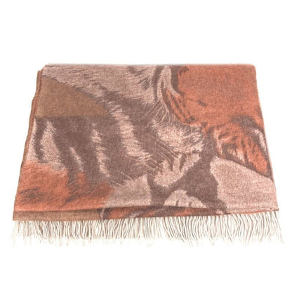 Hermes Blanket Taiga Animal Fringe Plaid Cashmere Brown