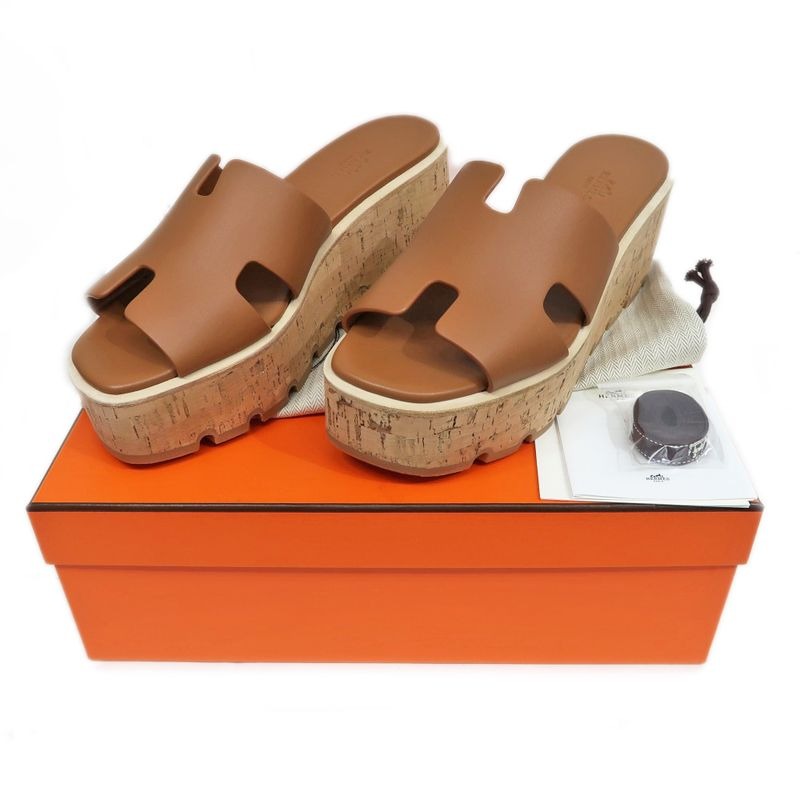 Hermes Eze Sandals Size 39 Leather Cork Natural Thick Sole — view 10
