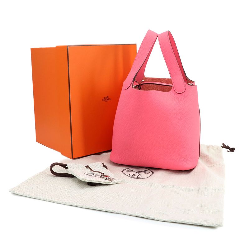Exhibited Hermes Picotin Lock PM Hand Bag Taurillon Cles Mance Rose Azalee W
