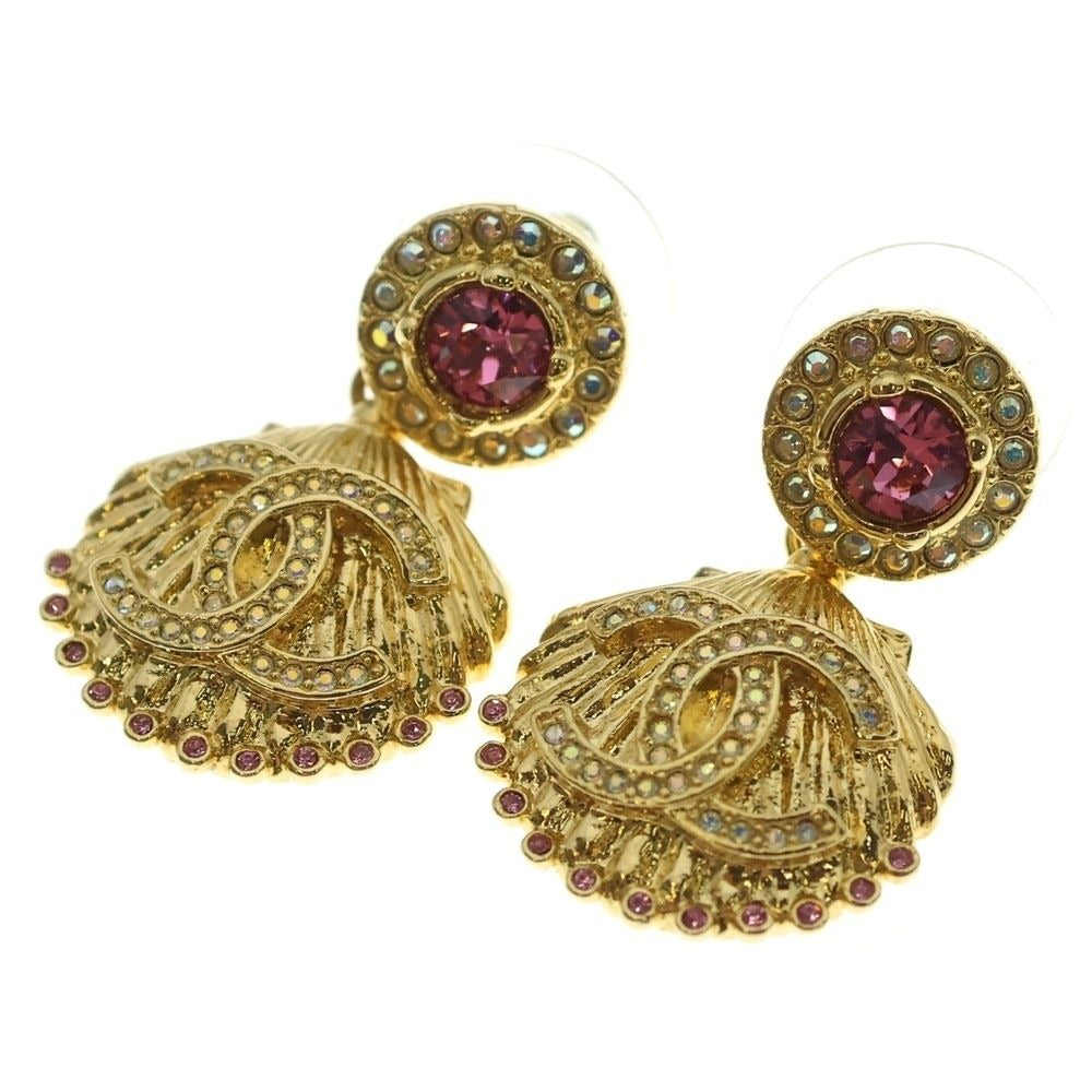 Chanel CC Logo Earrings Shell Rhinestone Gold