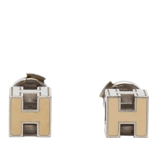 Hermes Cage de Ash Cube Stud Earrings Silver Ivory Metal