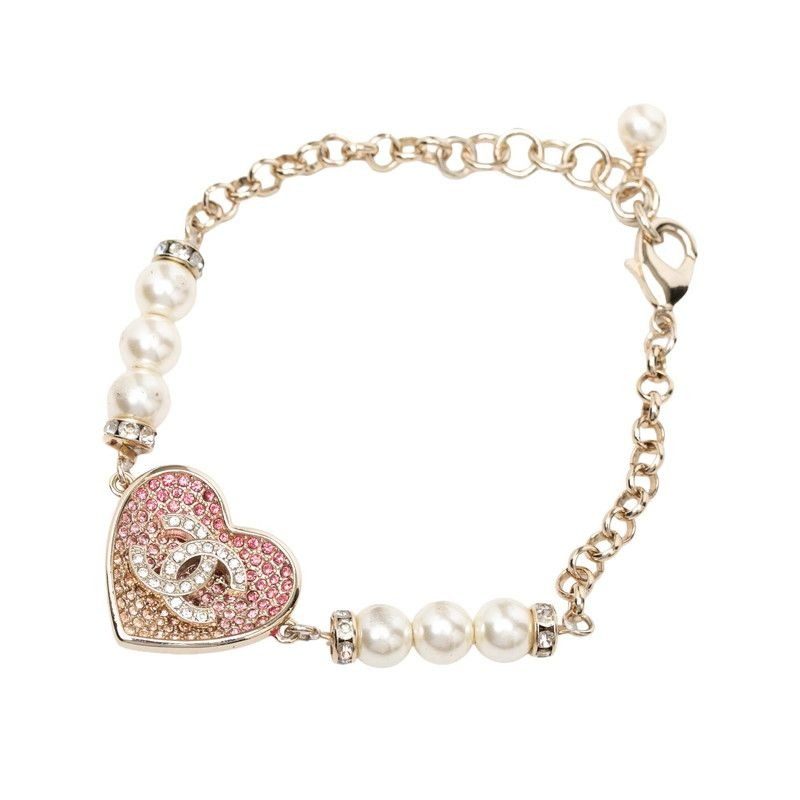 Chanel CC Logo Heart Motif Line Stone Bracelet Gold Pink Plated Faux Pearl