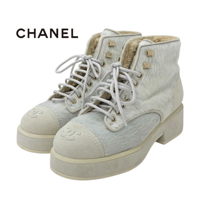 Chanel Boots Short Shoes Haraco Suede Shearling Beige Gray Coco Mark Lace