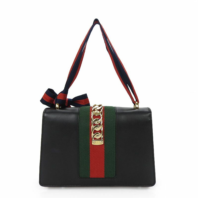 Gucci Shoulder Bag Sylvie Small 421882 Webline Leather Black Gold Hardware