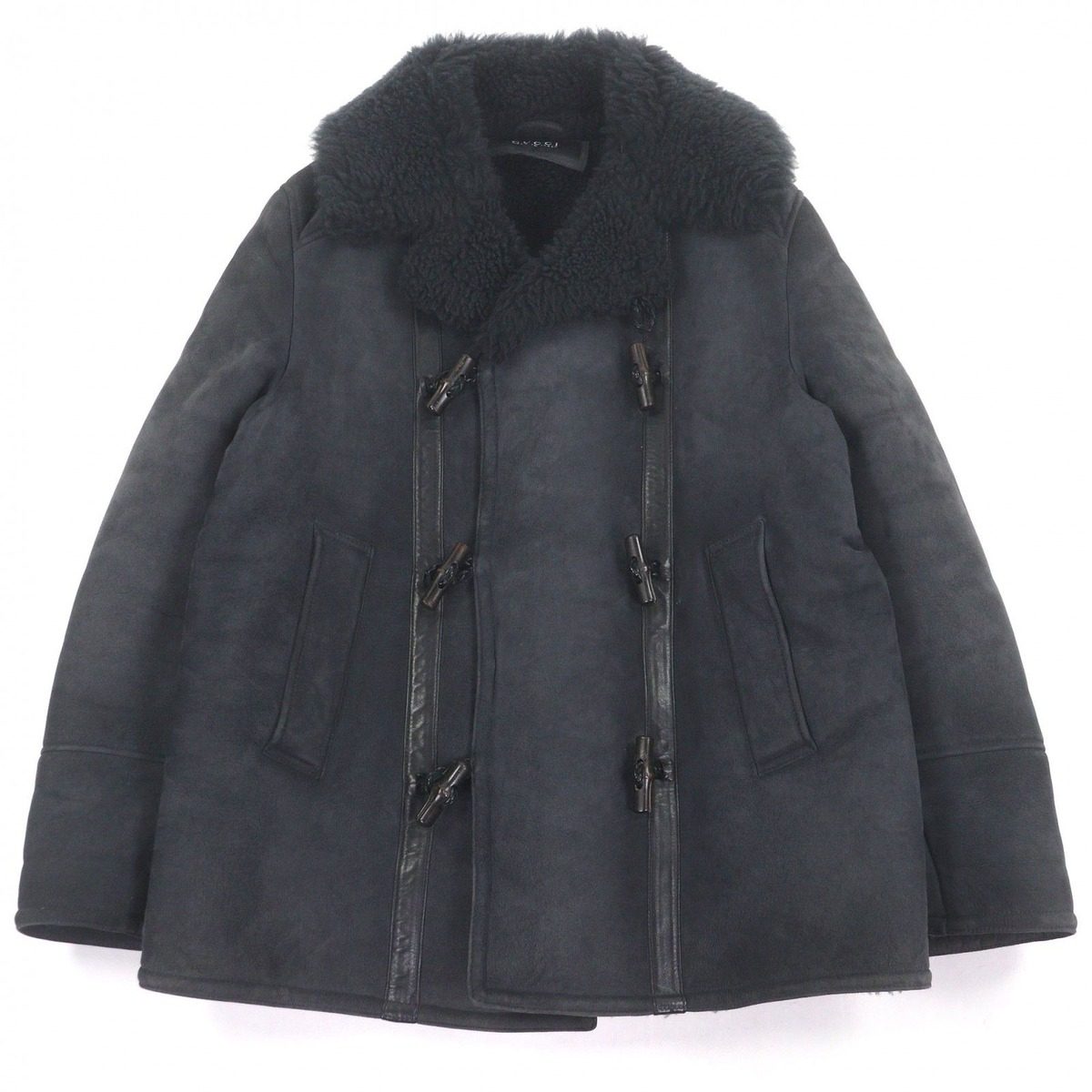 Gucci Sheep Fur Cowhide Toggle Button Double Breasted Shearling Jacket Leather