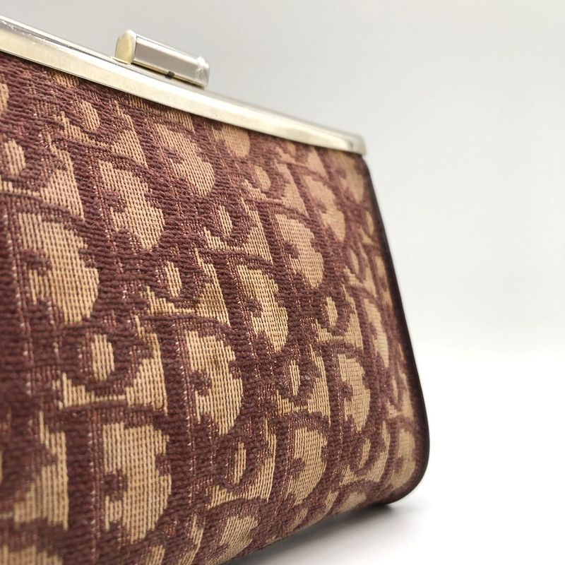DIOR Pouch Red Gold And Beige Canvas Trotter Clasp Small Pouch Women's