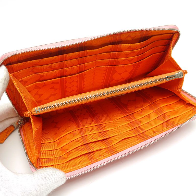 Hermes Azap Silkwin Long Wallet Long Wallet Pink And Orange Silver Hardware