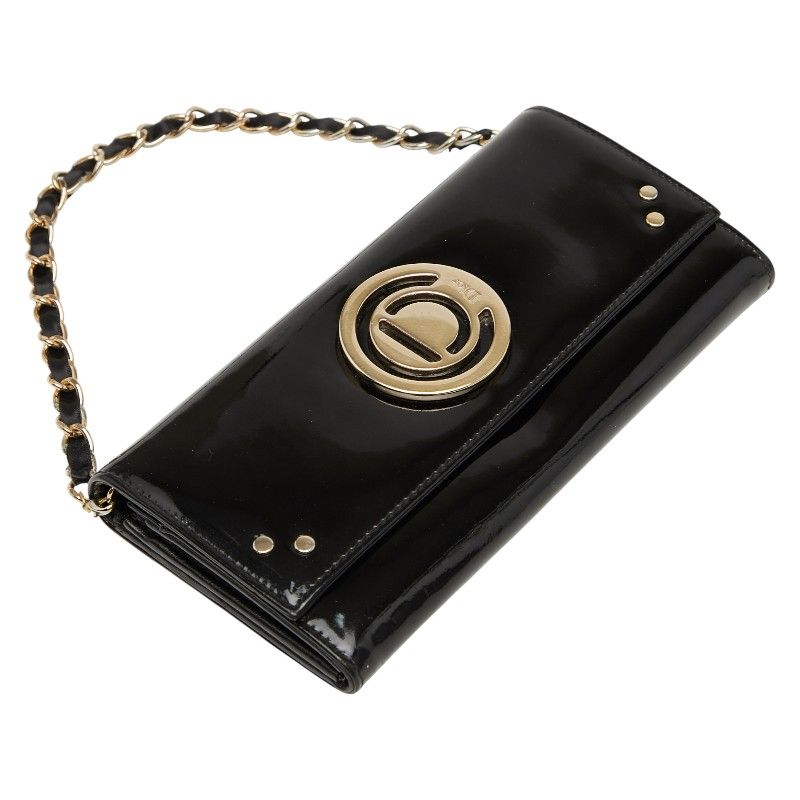 Dior Logo Chain Wallet Long Wallet Handbag Black Gold Patent Leather Women Dior