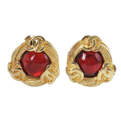 Chanel Vintage CC Logo Gripoix Earrings Costume Gold Red