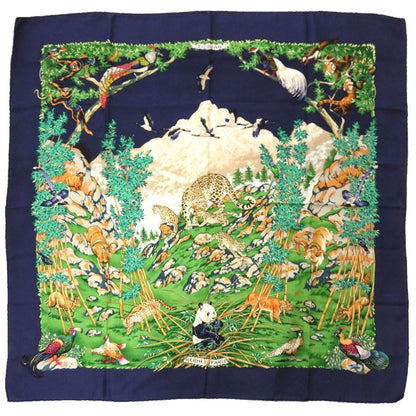 Hermes Carre 90 Sichlian Sicilian Animals Sichuan Silk Navy Scarf Blue