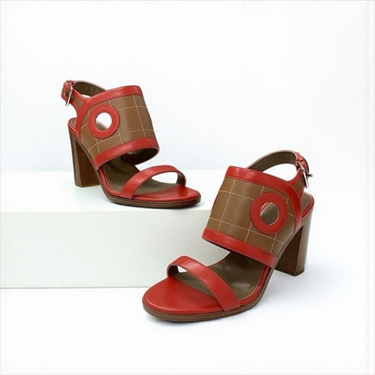 Hermes Blinker Sandals Shoes Leather Red Brown Strap