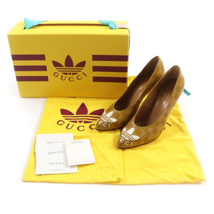 Gucci Adidas 702221 GG Crystal Logo Design Pointed Toe Leather Pumps Brown 37