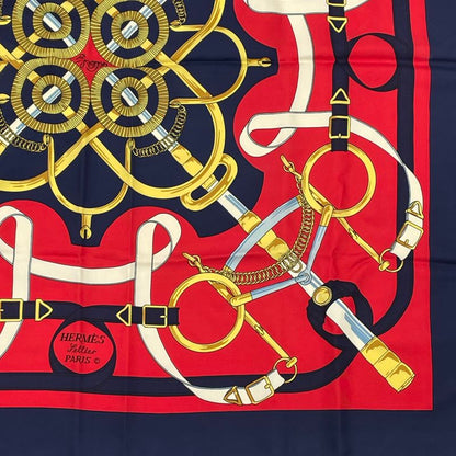 Hermes Carre 90 Scarf Eperon D'or Golden Spur 100% Silk Navy And Red