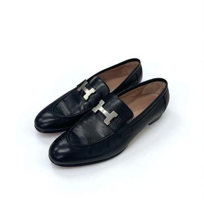 Hermes Paris Loafers Shoes Leather Black Silver Moccasins Flat Hhardware