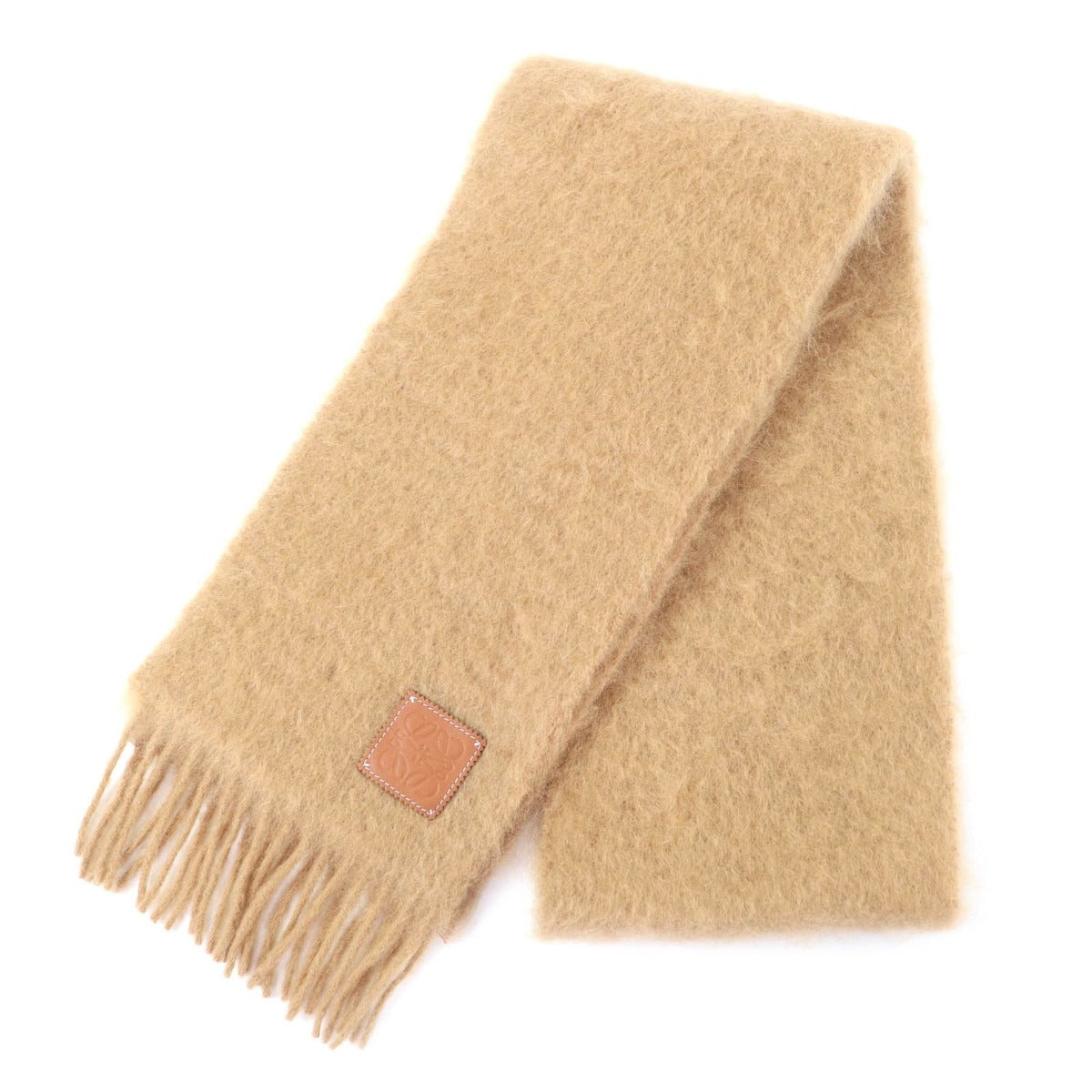 Loewe Mohair Wool Blend Anagram Leather Patch Fringe Scarf Brown