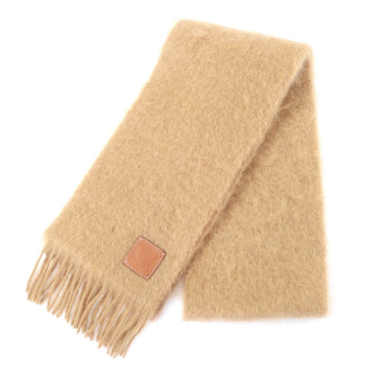 Loewe Mohair Wool Blend Anagram Leather Patch Fringe Scarf Brown
