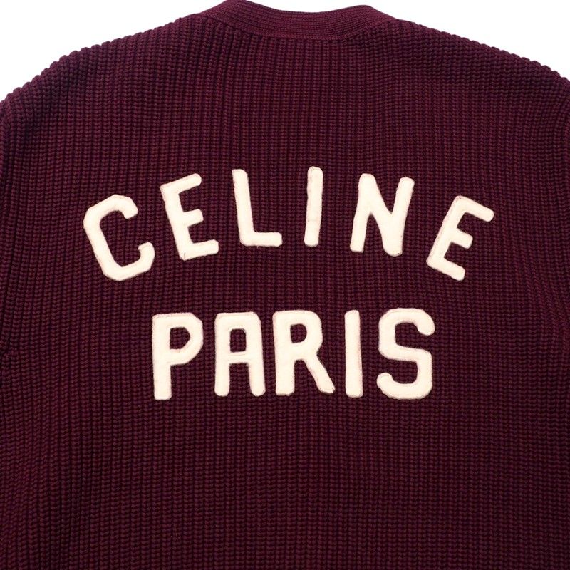 Celine Cardigan Size S (165 84A) Knit College Cardigan Logo Patch Cotton Wine