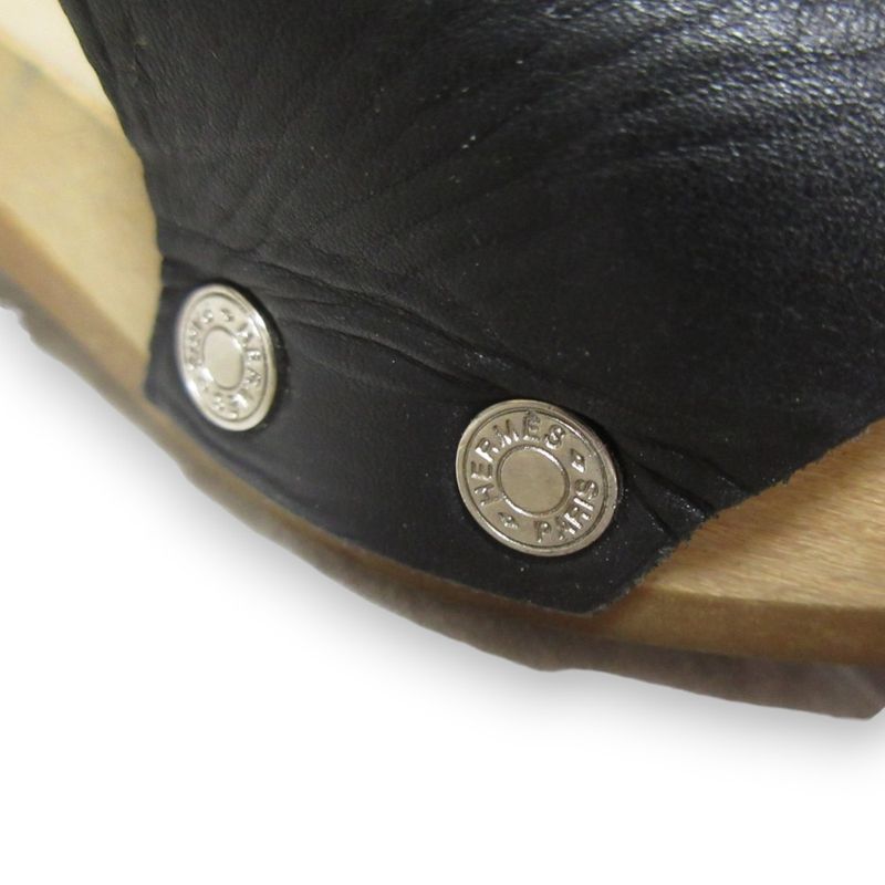 Hermes Evelyn H Logo Leather Wooden Sandals 35 Approx 22cm (8.66in) Black
